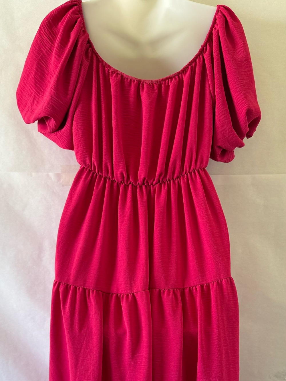 See You Monday Hot Pink Tiered Midi Dress Size L Puff Sleeve Romantic Cottage - Picture 2 of 12